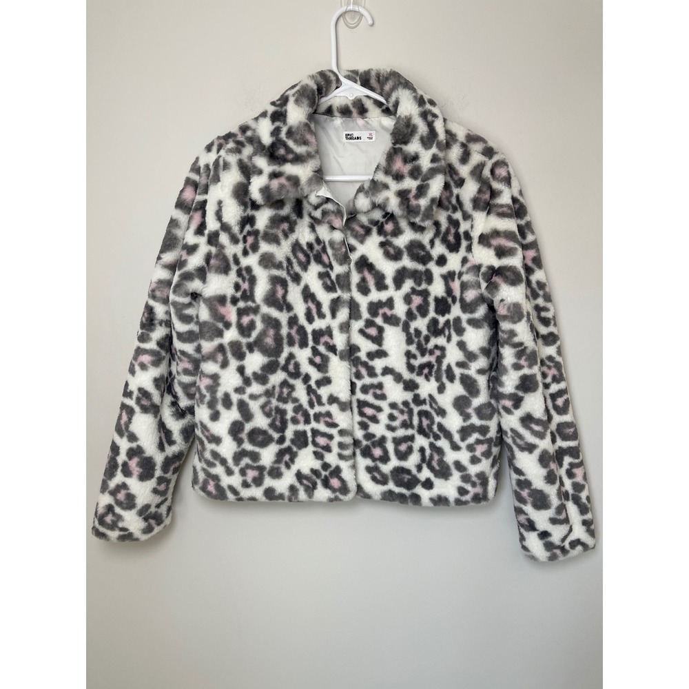 Epic Threads Girls XL Leopard Faux Fur Jacket Grey White Pink Animal Print Coat
